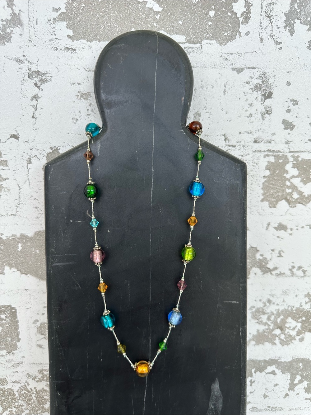 Multicolor Dichroic Glass Bead Station Necklace Silver Tone